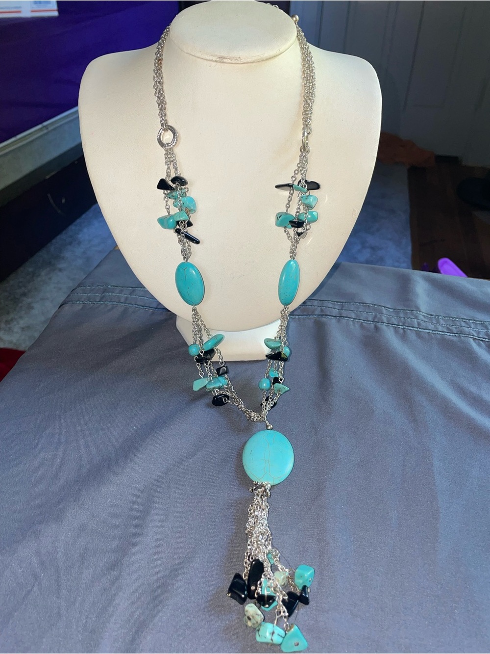 Faux Turquoise Stone Tassel Pendant Necklace - Women Jewelry